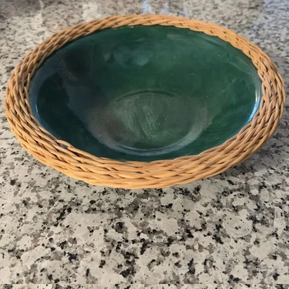 Glazed Forest Green Ceramic Bowl with Woven Wicker Rim with Maker’s Mark - Picture 4 of 4